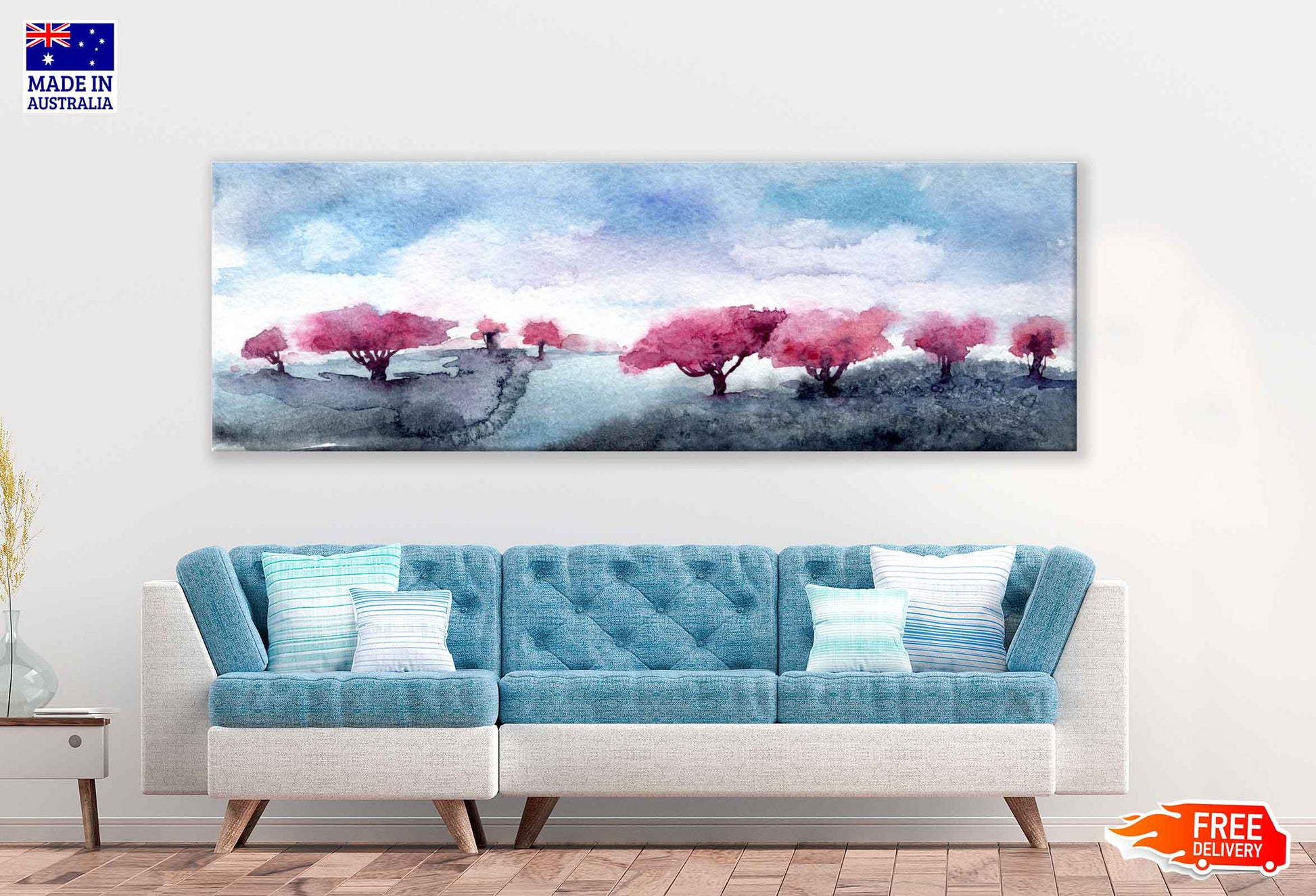 Panoramic Canvas Apple Trees Watercolor Painting High Quality 100% Australian Made Wall Canvas Print Ready to Hang