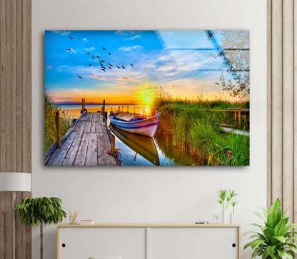 Boat Near Wooden Pier Photograph Acrylic Glass Print Tempered Glass Wall Art 100% Made in Australia Ready to Hang