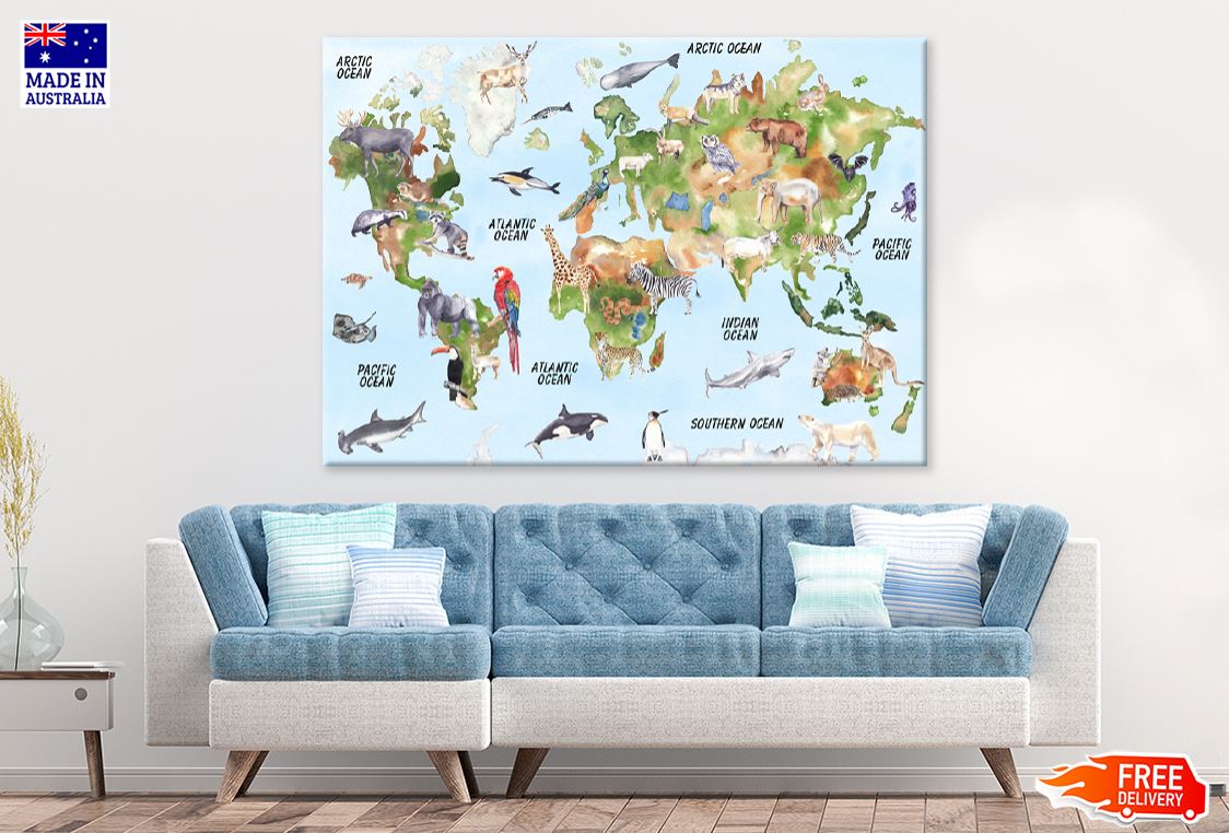 Animals on World Map Illustration Print 100% Australian Made