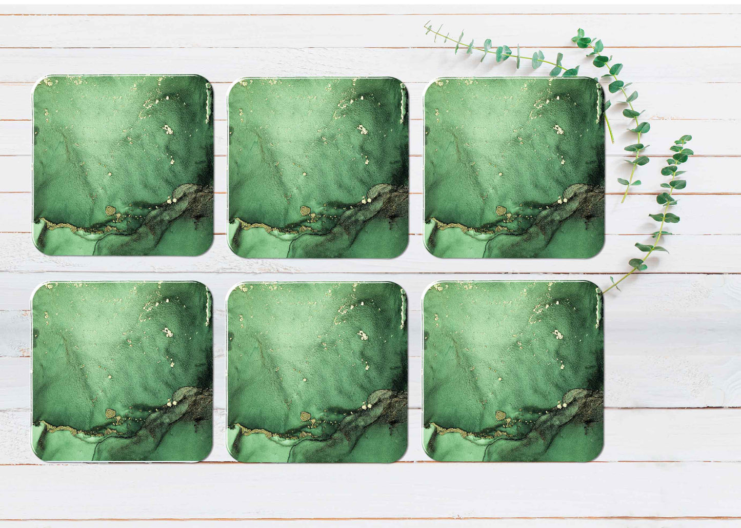 Green Gold Splash Marble Abstract Coasters Wood & Rubber - Set of 6 Coasters