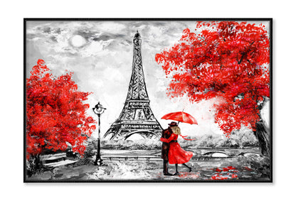 Red Couple & Trees near Eiffle Tower Watercolor Painting Wall Art Limited Edition High Quality Print Canvas Box Framed Black