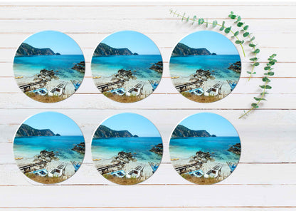 Petani Beach Summer View in Greece Coasters Wood & Rubber - Set of 6 Coasters