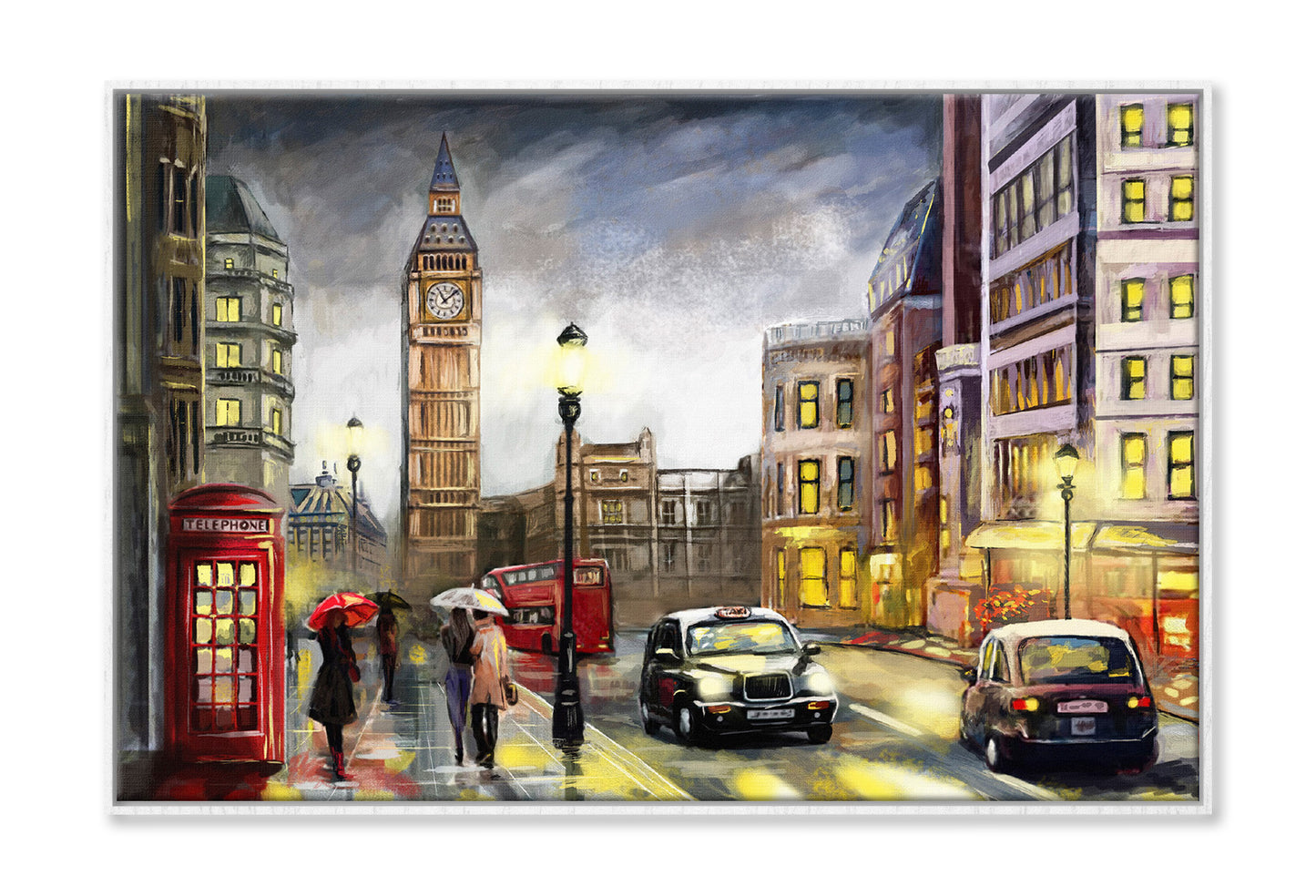 Big Ben Street View London Watercolor Painting Wall Art Limited Edition High Quality Print Canvas Box Framed White