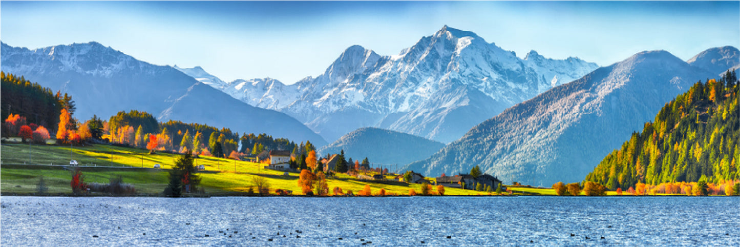 Panoramic Canvas Lake Mountain Field View Photograph High Quality 100% Australian Made Wall Canvas Print Ready to Hang