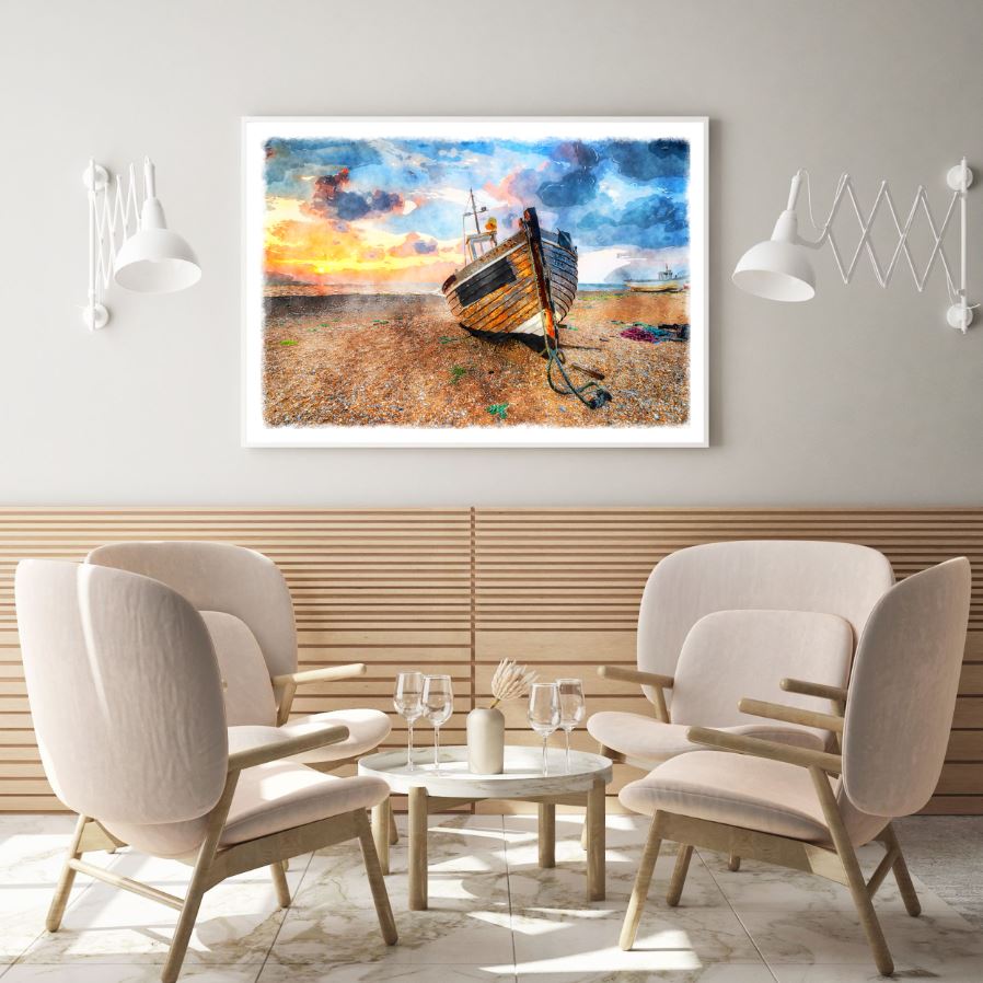 Boat on Sea Shore Painting Home Decor Premium Quality Poster Print Choose Your Sizes