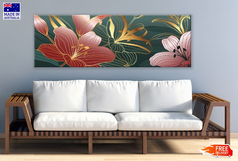 Panoramic Canvas Red Gold & Pink Flowers with Leaves Abstract Design High Quality 100% Australian Made Wall Canvas Print Ready to Hang