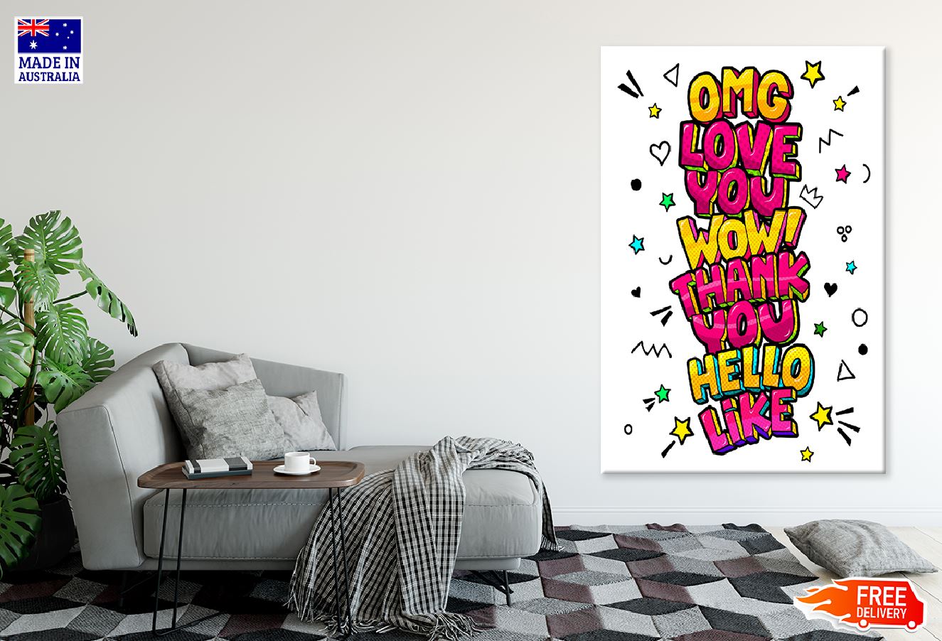 OMG LOVE YOU WOW THANK YOU HELLO LIKE Illustration Print 100% Australian Made