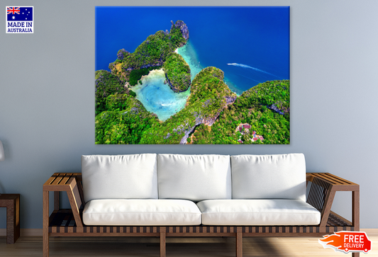 Nature Mountain & Boat On Sea Aerial View Photograph Print 100% Australian Made