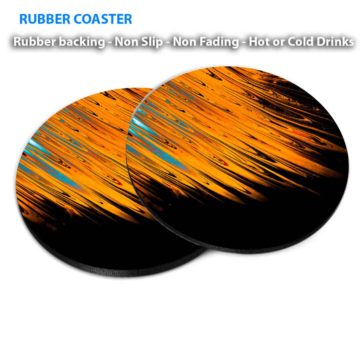 Orange, Blue & Black Abstract Coasters Wood & Rubber - Set of 6 Coasters