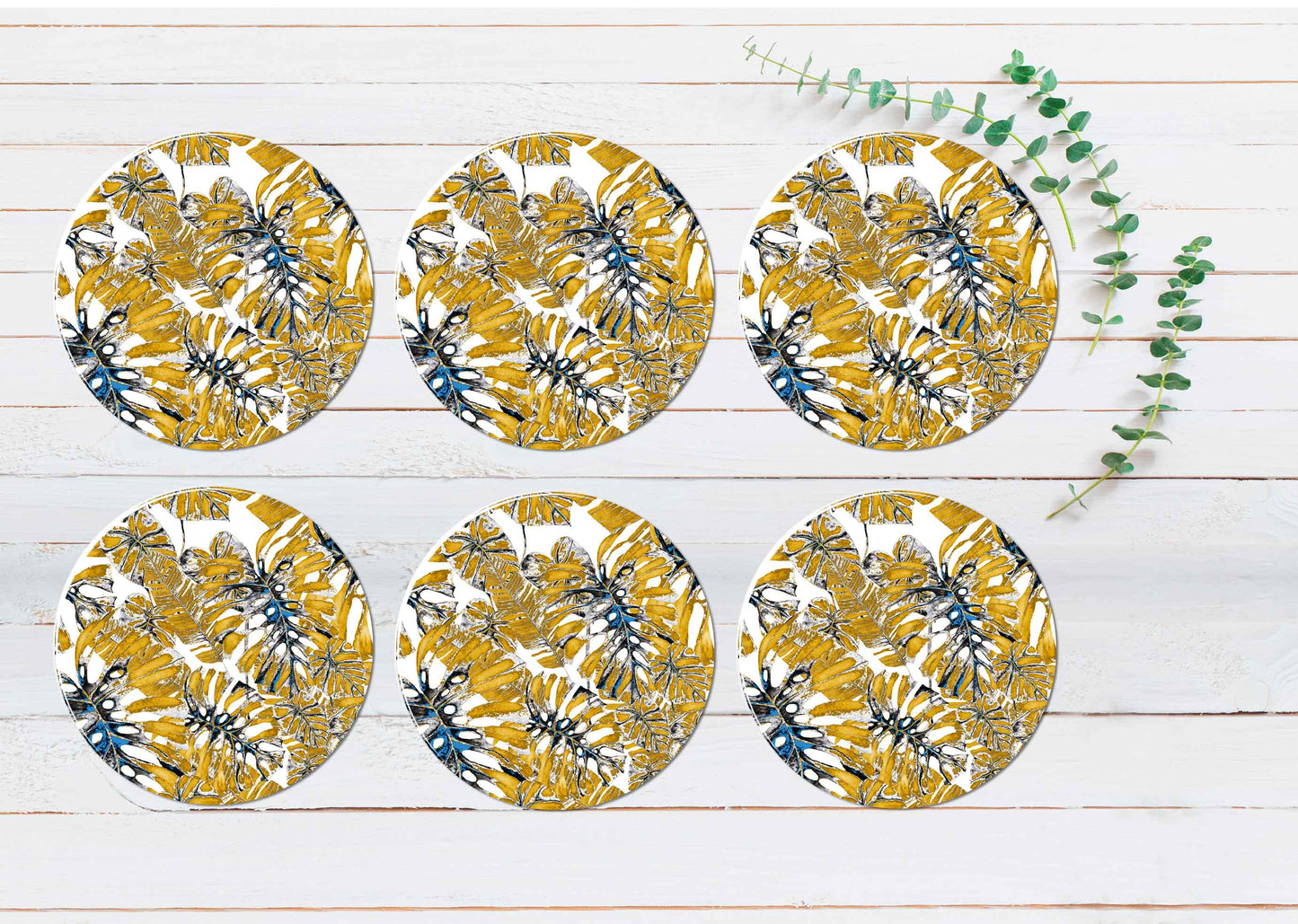 Golden Leaves Abstract Coasters Wood & Rubber - Set of 6 Coasters