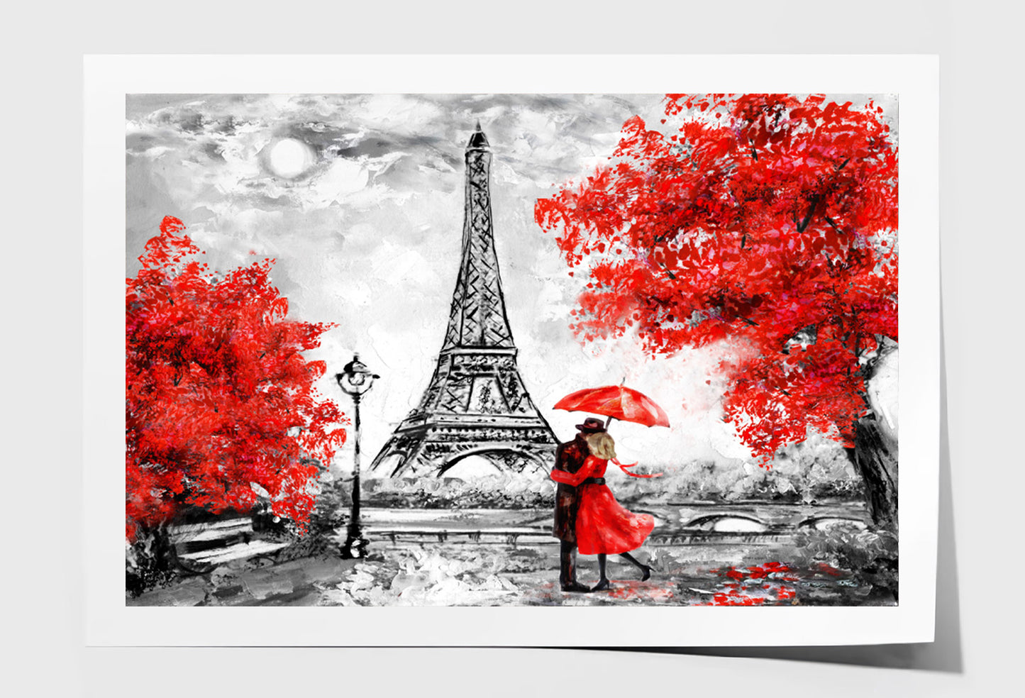 Red Couple & Trees near Eiffle Tower Watercolor Painting Wall Art Limited Edition High Quality Print Unframed Roll Canvas None