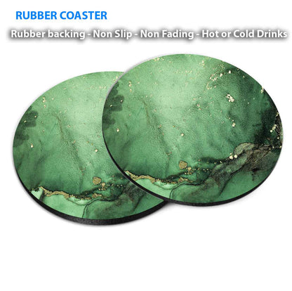 Green Gold Splash Marble Abstract Coasters Wood & Rubber - Set of 6 Coasters