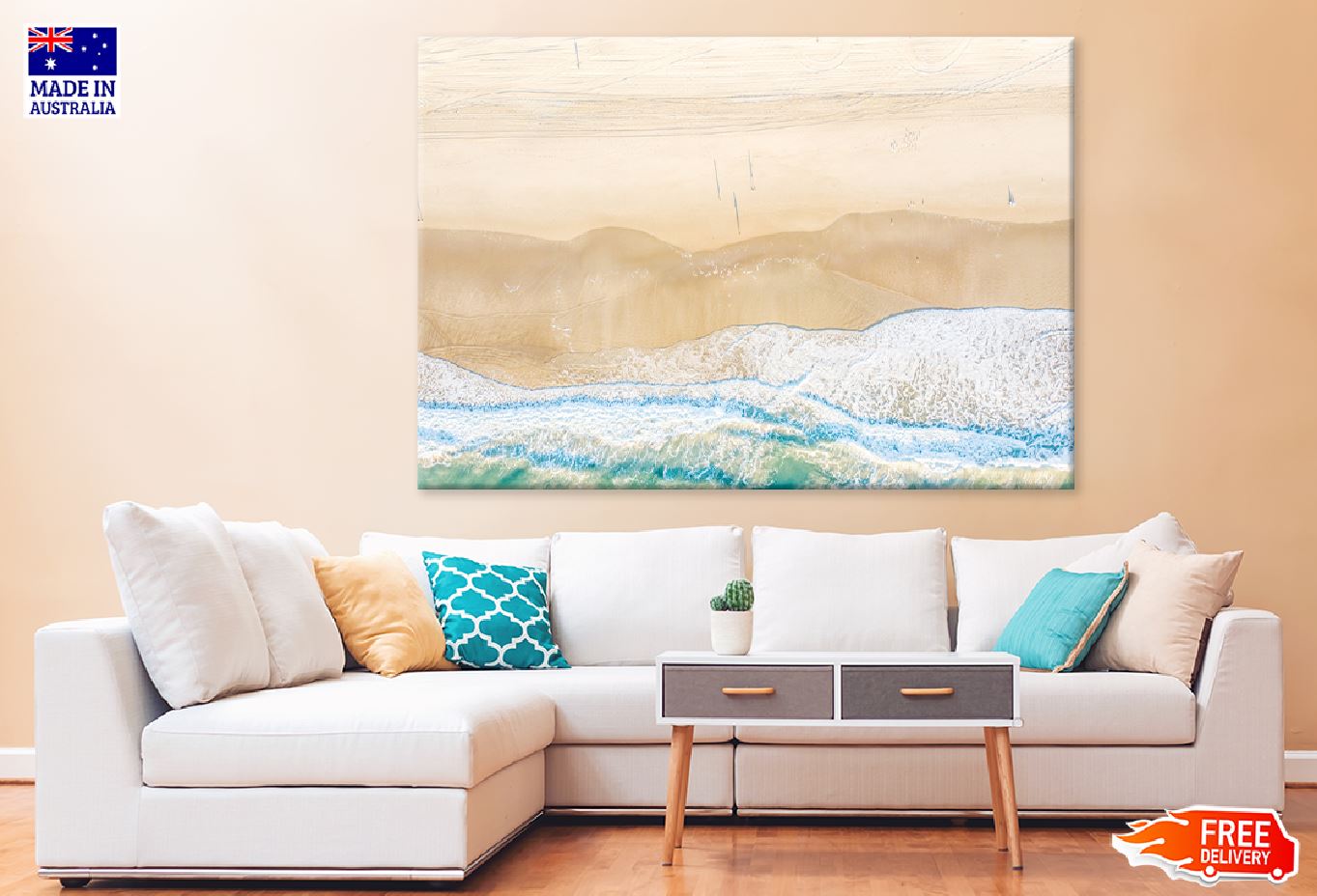 Sea Waves on Sand Seashore Aerial View Print 100% Australian Made