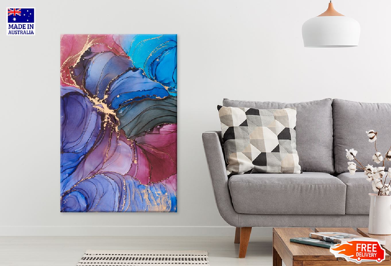 Blue Pink & Gold Fluid Art Design Print 100% Australian Made