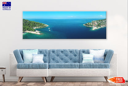 Panoramic Canvas Boats Island Aerial View Photograph High Quality 100% Australian Made Wall Canvas Print Ready to Hang