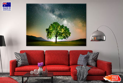 Lonely Tree on Field Under Galaxy Photograph Print 100% Australian Made