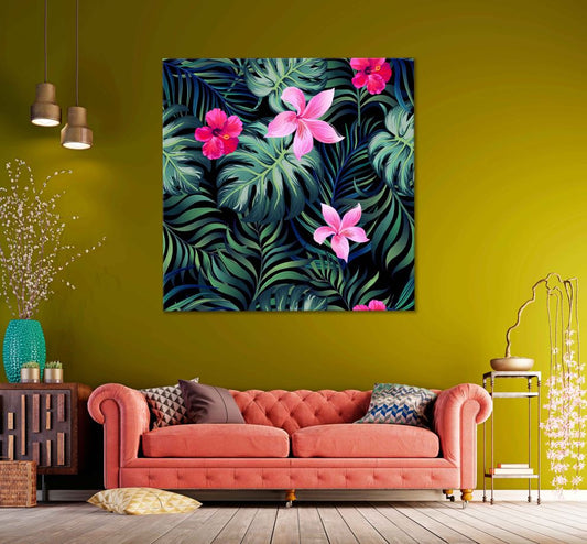 Square Canvas Hibiscus & Orchid Vector Art High Quality Print 100% Australian Made