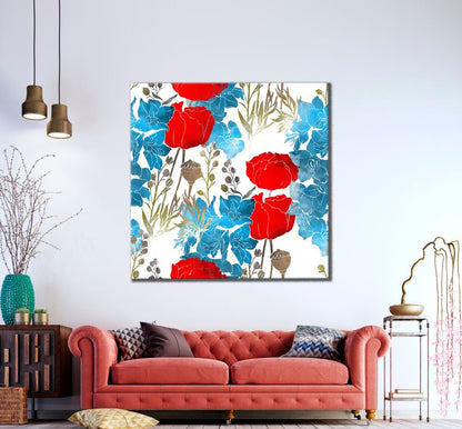 Square Canvas Red Gold & Blue Flower Tree Art High Quality Print 100% Australian Made