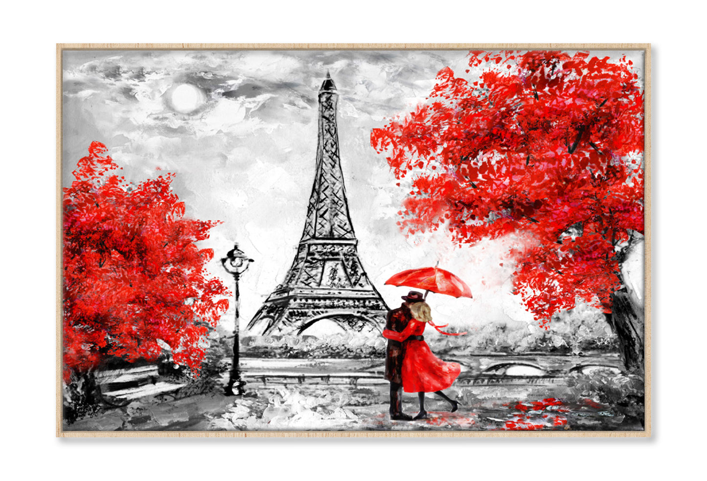 Red Couple & Trees near Eiffle Tower Watercolor Painting Wall Art Limited Edition High Quality Print Canvas Box Framed Natural