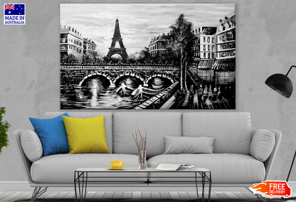 Eiffel Tower & Canal With Boats Painting B&W Print 100% Australian Made