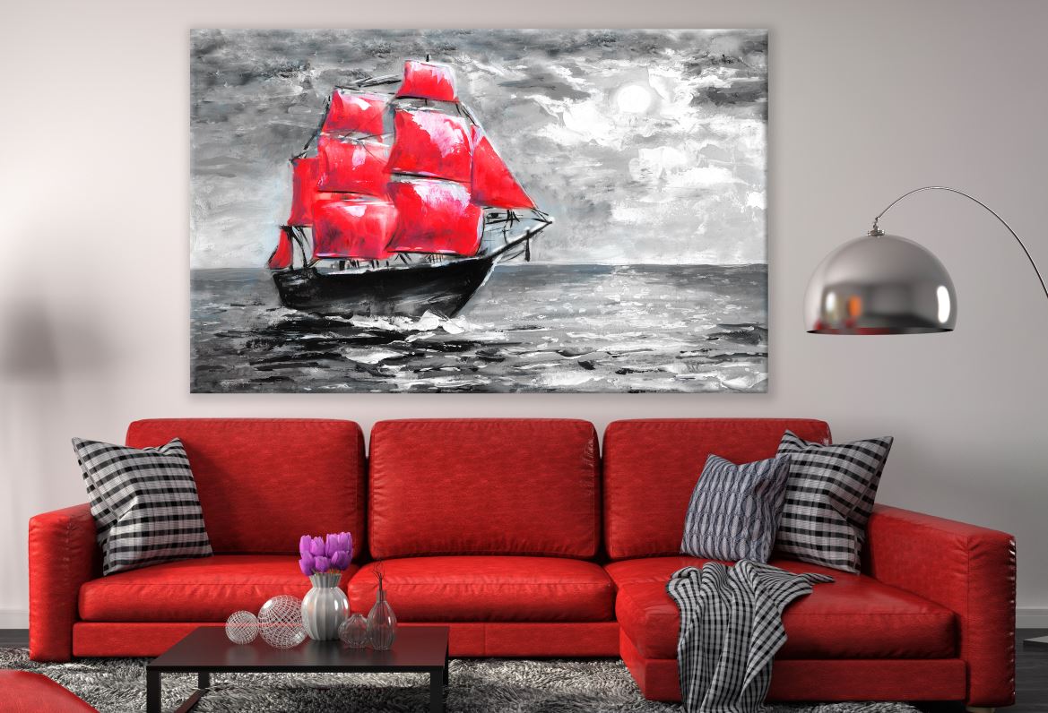 Ship on Ocean Black White Red Painting Print 100% Australian Made