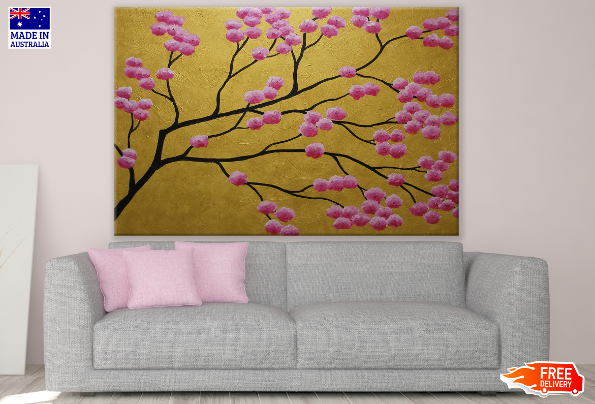 Cherry Blossom Tree in Gold Background Painting Print 100% Australian Made