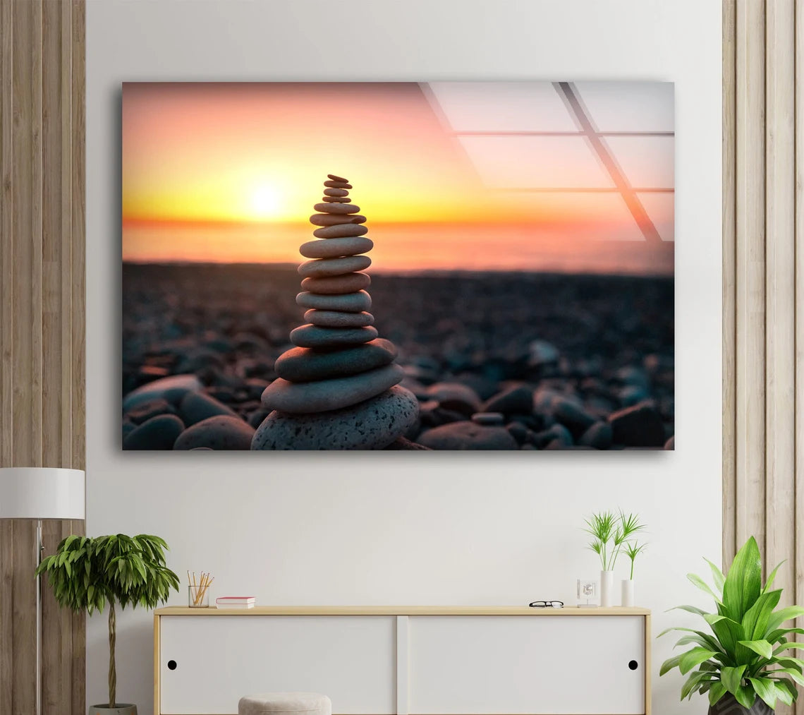 Zen Stones Sunset Photograph Acrylic Glass Print Tempered Glass Wall Art 100% Made in Australia Ready to Hang