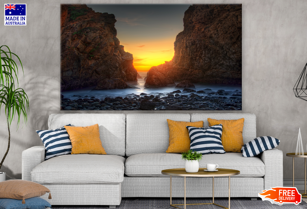 Beach Sunset View Through Rocks Print 100% Australian Made