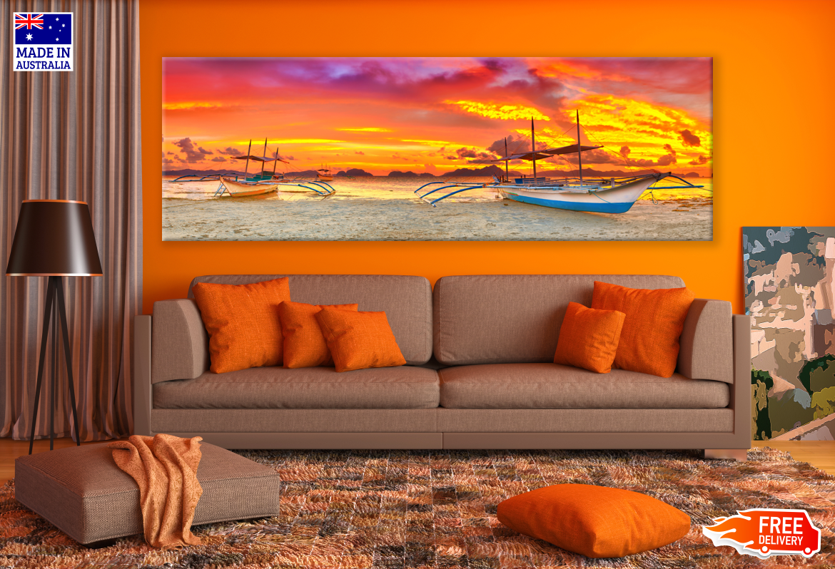 Panoramic Canvas Stunning Sunset Boats on Beach High Quality 100% Australian made wall Canvas Print ready to hang