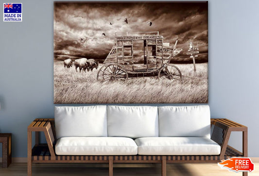 Highland Cows & Cart in Vintage Filter Print 100% Australian Made
