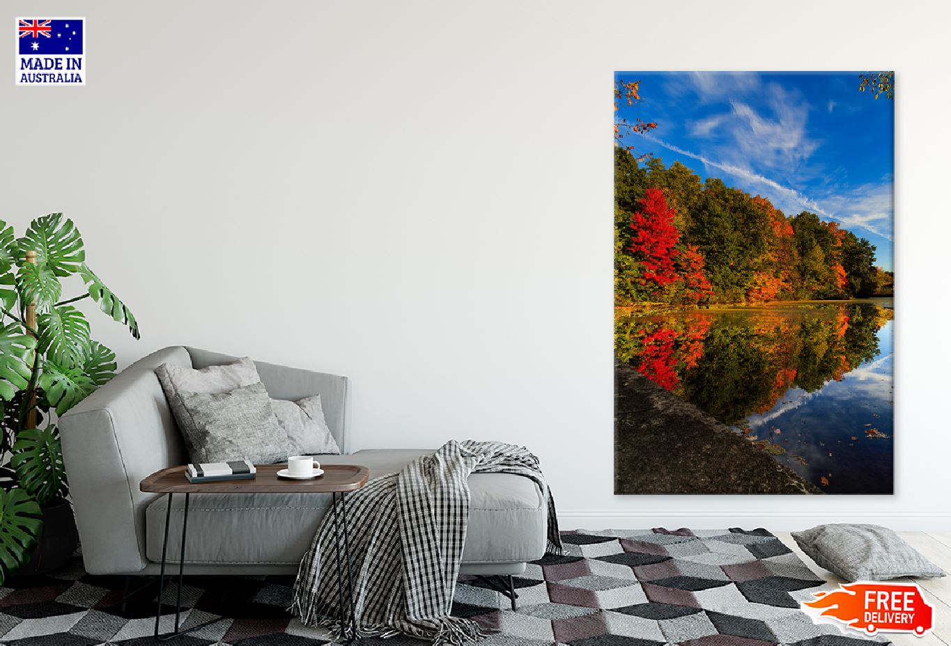 Red Green Autumn Trees with Lake Photograph Print 100% Australian Made