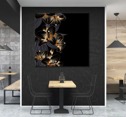 Square Canvas Gold & Black Abstract Floral Design High Quality Print 100% Australian Made