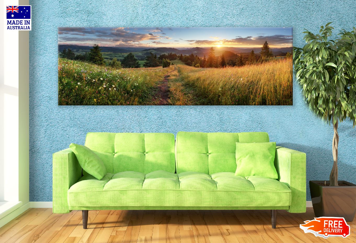 Panoramic Canvas Grass on Hill Sunset View Photograph High Quality 100% Australian Made Wall Canvas Print Ready to Hang