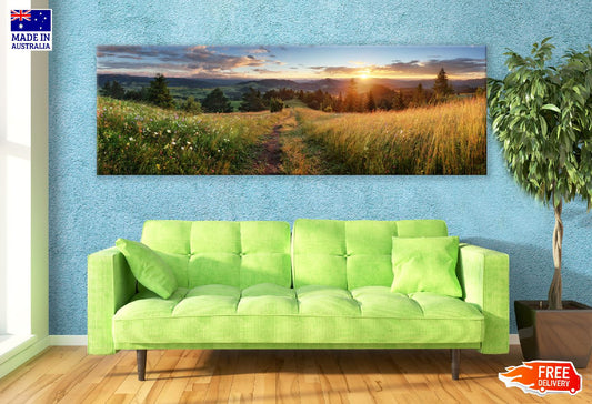Panoramic Canvas Grass on Hill Sunset View Photograph High Quality 100% Australian Made Wall Canvas Print Ready to Hang