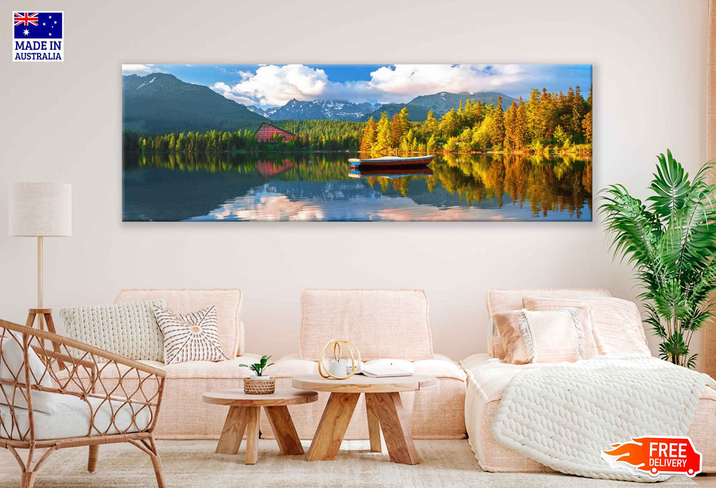 Panoramic Canvas Boat & Strbske Lake Scenery Photograph High Quality 100% Australian Made Wall Canvas Print Ready to Hang