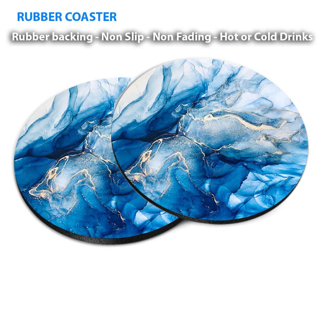 White Blue & Gold Liquid Abstract Coasters Wood & Rubber - Set of 6 Coasters