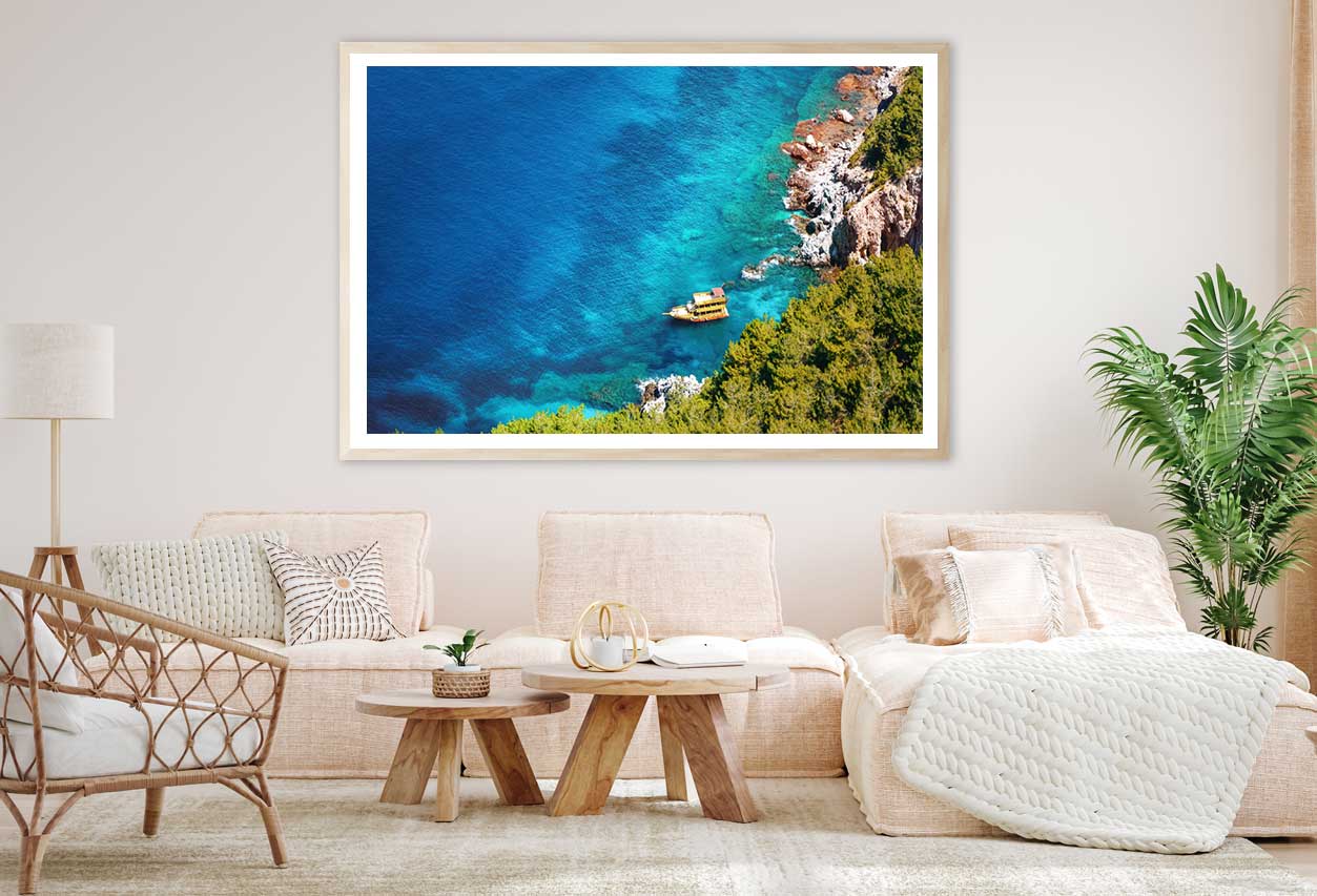 Seascape View Photograph with Rocks & Ship Home Decor Premium Quality Poster Print Choose Your Sizes