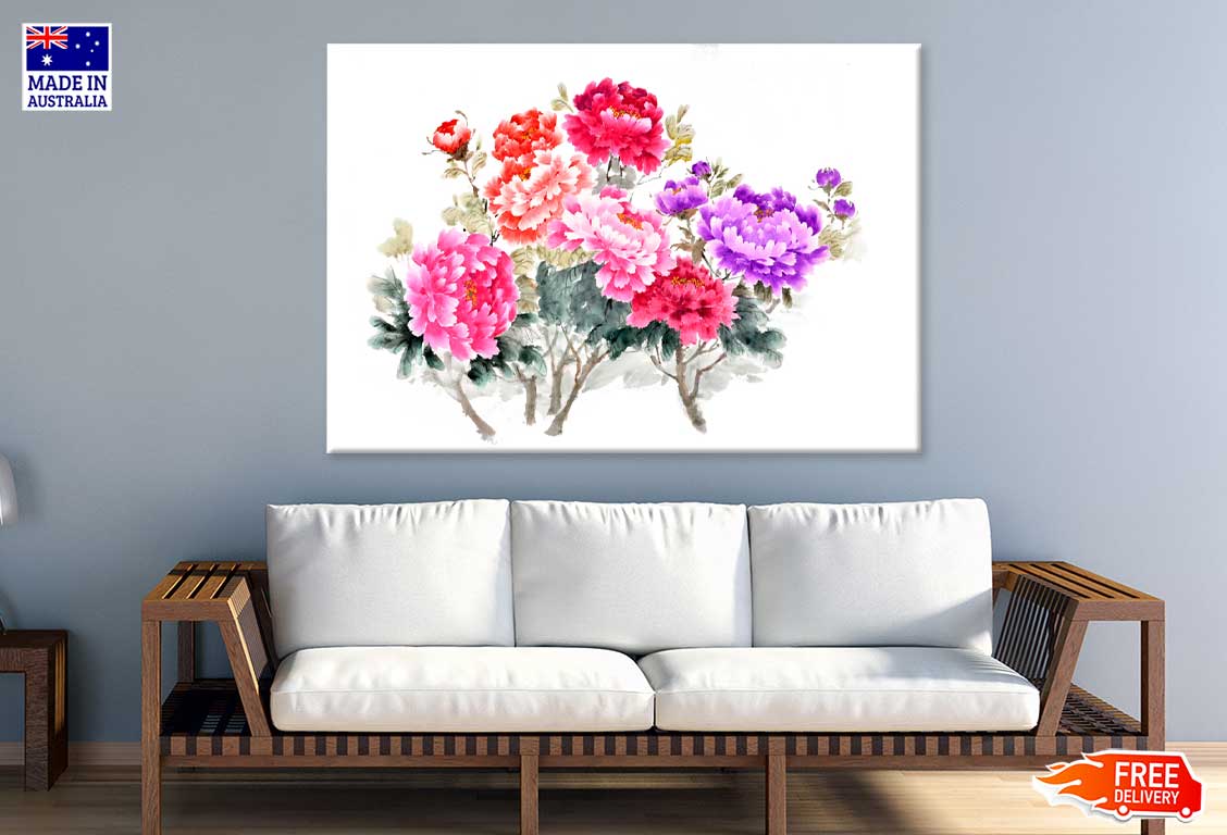 Colorful Peony Flowers Watercolor Painting Print 100% Australian Made