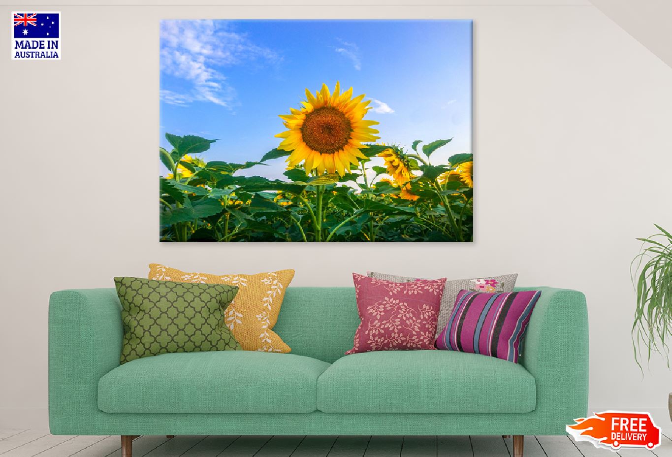 Sunflowers with Leaves & Blue Sky Photograph Print 100% Australian Made