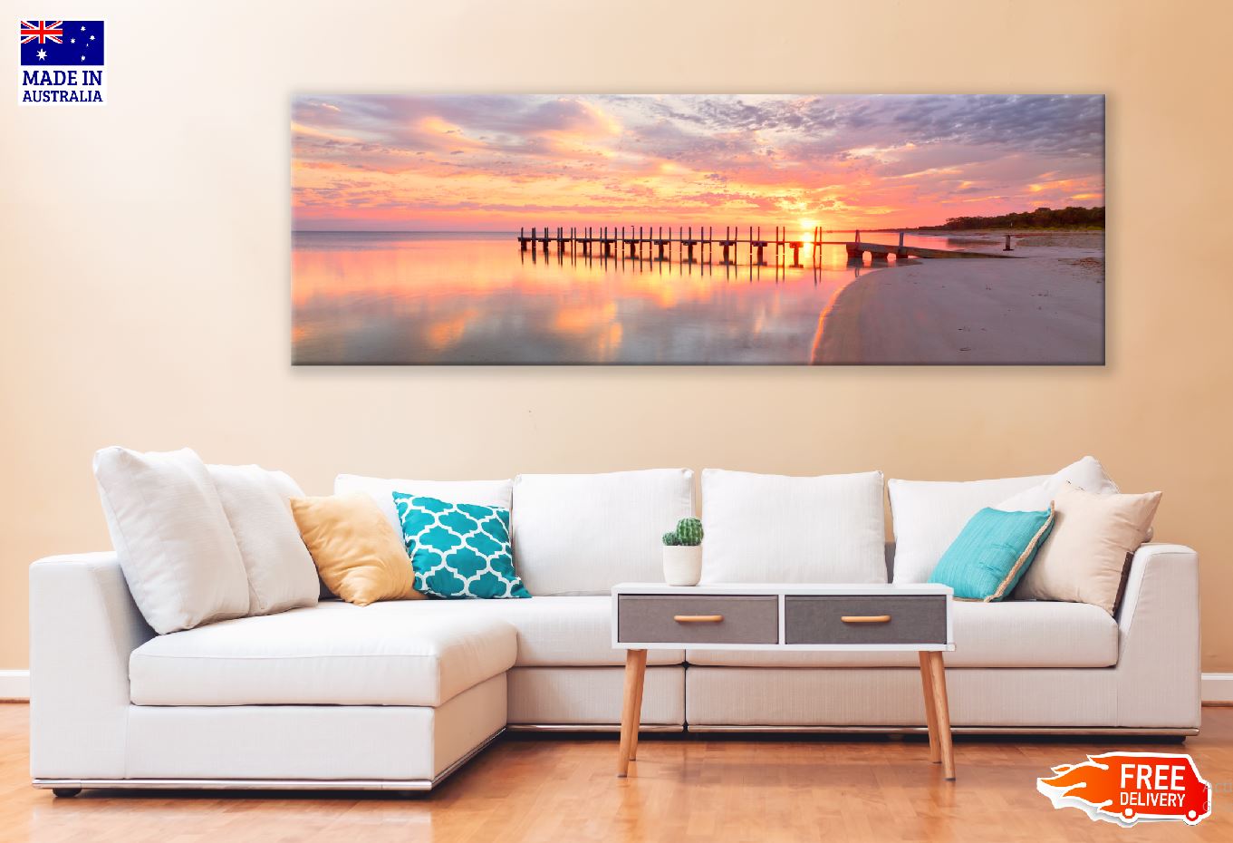 Panoramic Canvas Naples Pier Pink Sea View Photograph High Quality 100% Australian Made Wall Canvas Print Ready to Hang