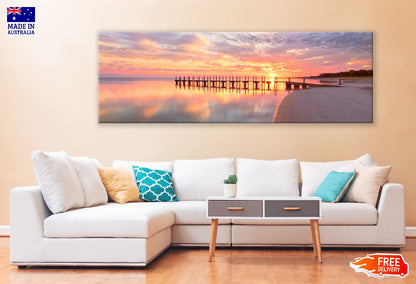 Panoramic Canvas Naples Pier Pink Sea View Photograph High Quality 100% Australian Made Wall Canvas Print Ready to Hang