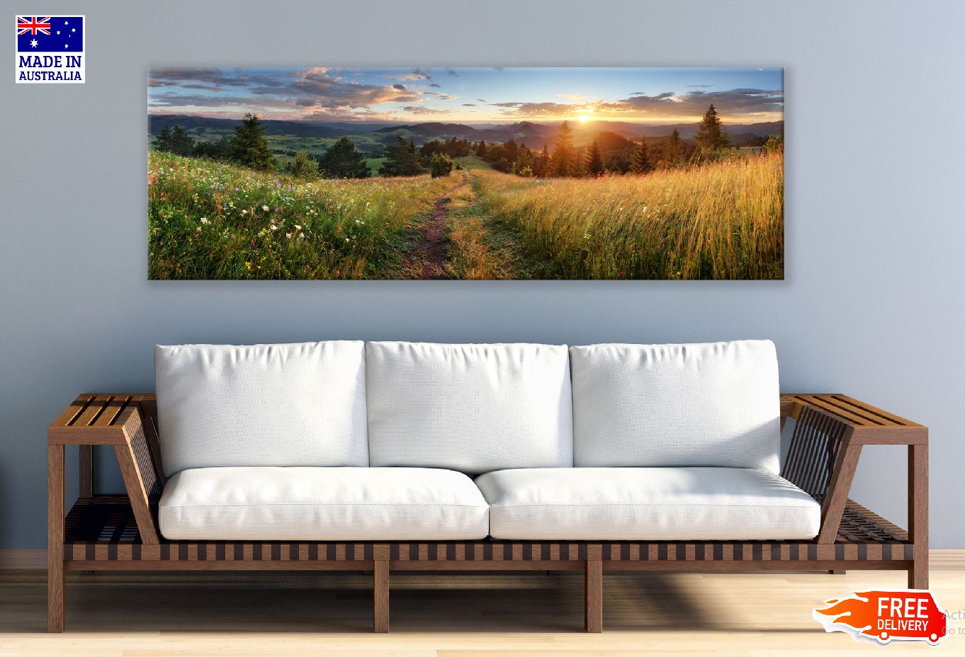 Panoramic Canvas Grass on Hill Sunset View Photograph High Quality 100% Australian Made Wall Canvas Print Ready to Hang