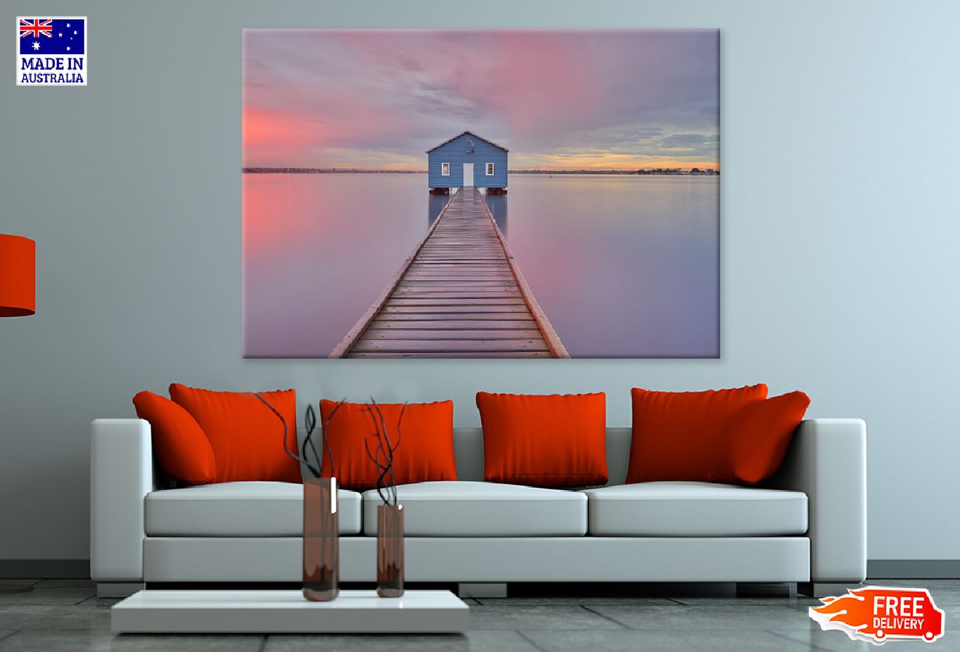 Boathouse on Sea Sunrise Scenery Photograph Print 100% Australian Made