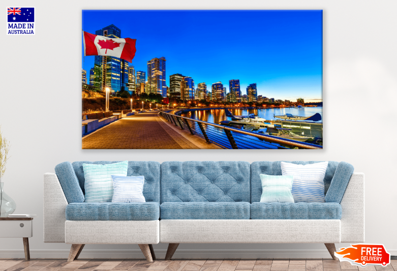 Canadian Flag in Front of View in Vancouver Downtown Print 100% Australian Made