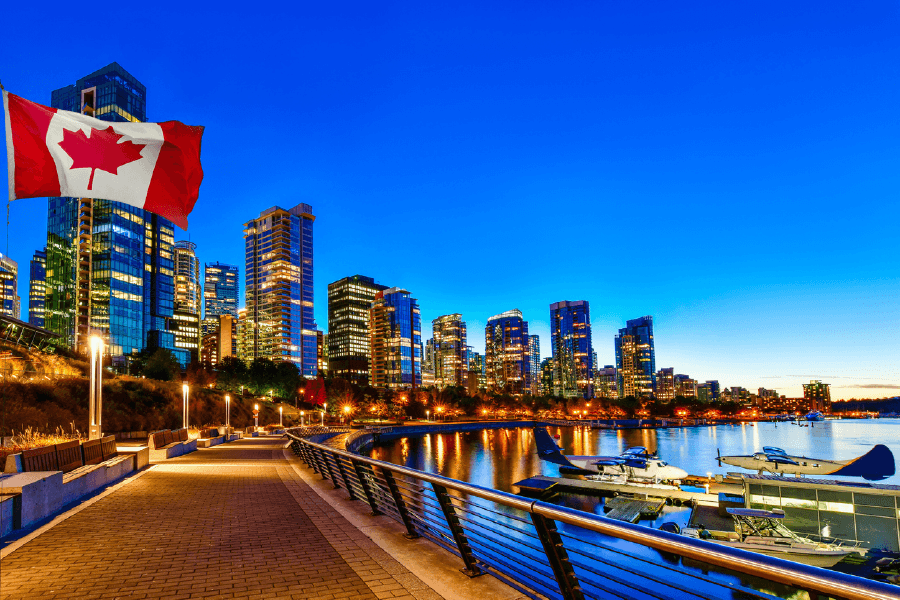 Canadian Flag in Front of View in Vancouver Downtown Print 100% Australian Made