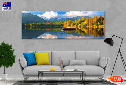 Panoramic Canvas Boat & Strbske Lake Scenery Photograph High Quality 100% Australian Made Wall Canvas Print Ready to Hang