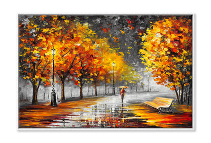 Girl Walking on Autumn Trees Road Watercolor Painting Wall Art Limited Edition High Quality Print Canvas Box Framed White