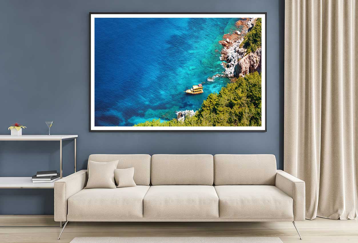 Seascape View Photograph with Rocks & Ship Home Decor Premium Quality Poster Print Choose Your Sizes