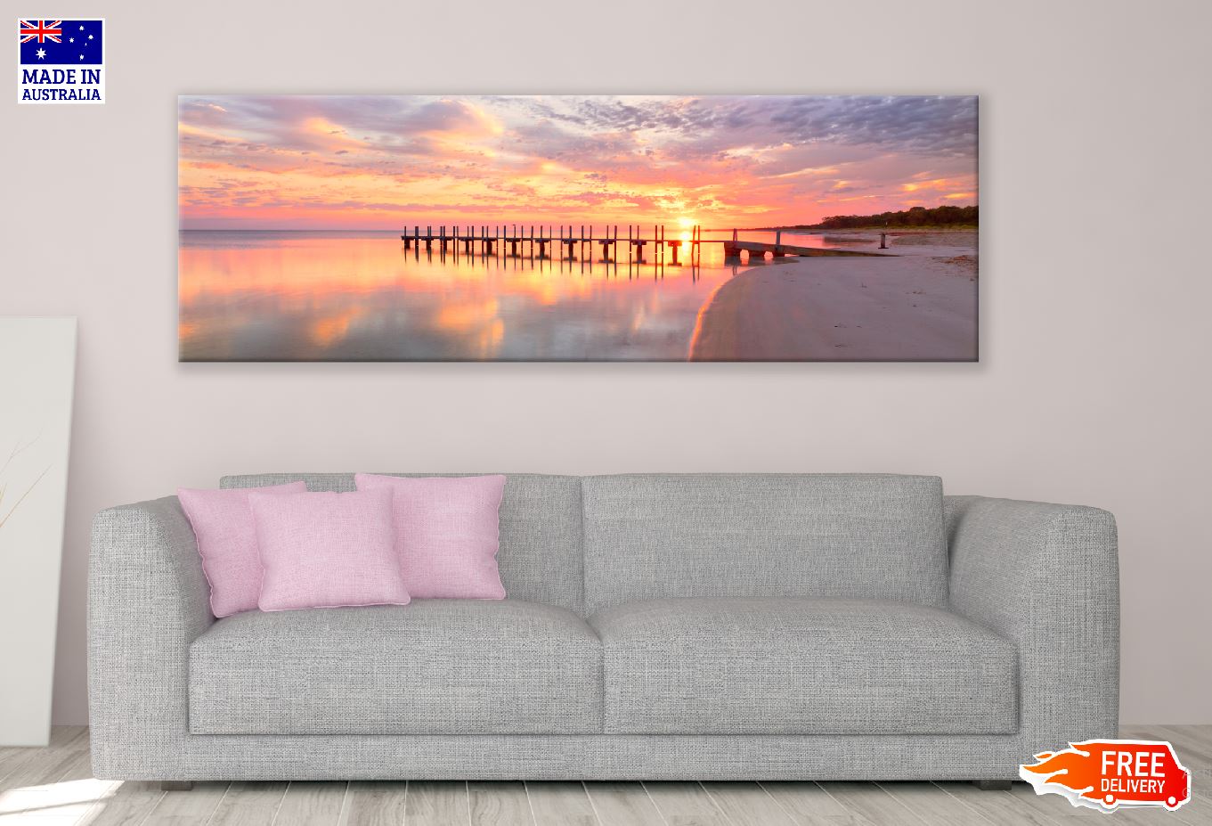Panoramic Canvas Naples Pier Pink Sea View Photograph High Quality 100% Australian Made Wall Canvas Print Ready to Hang