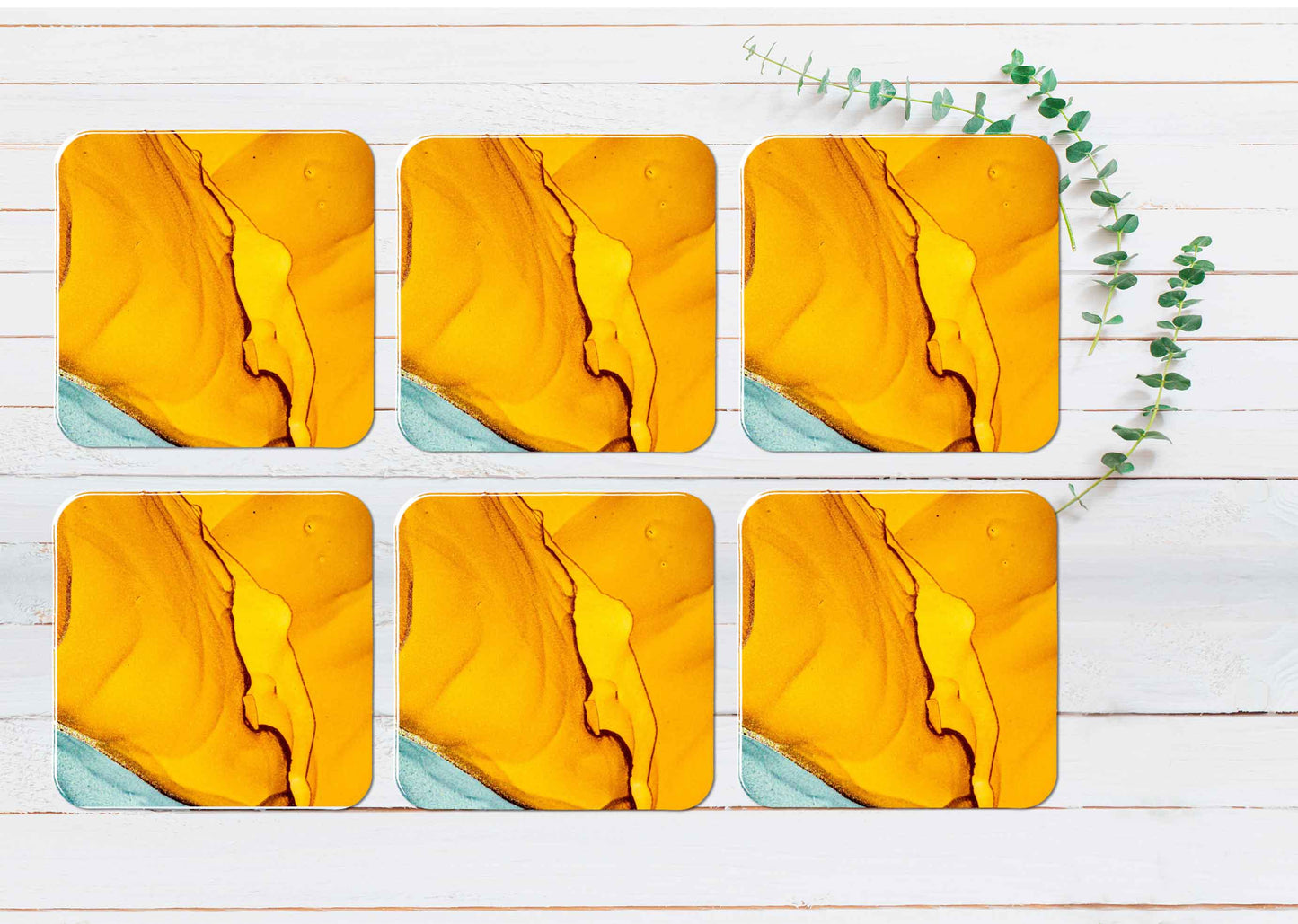 Gold Yellow Blue Abstract Design Coasters Wood & Rubber - Set of 6 Coasters